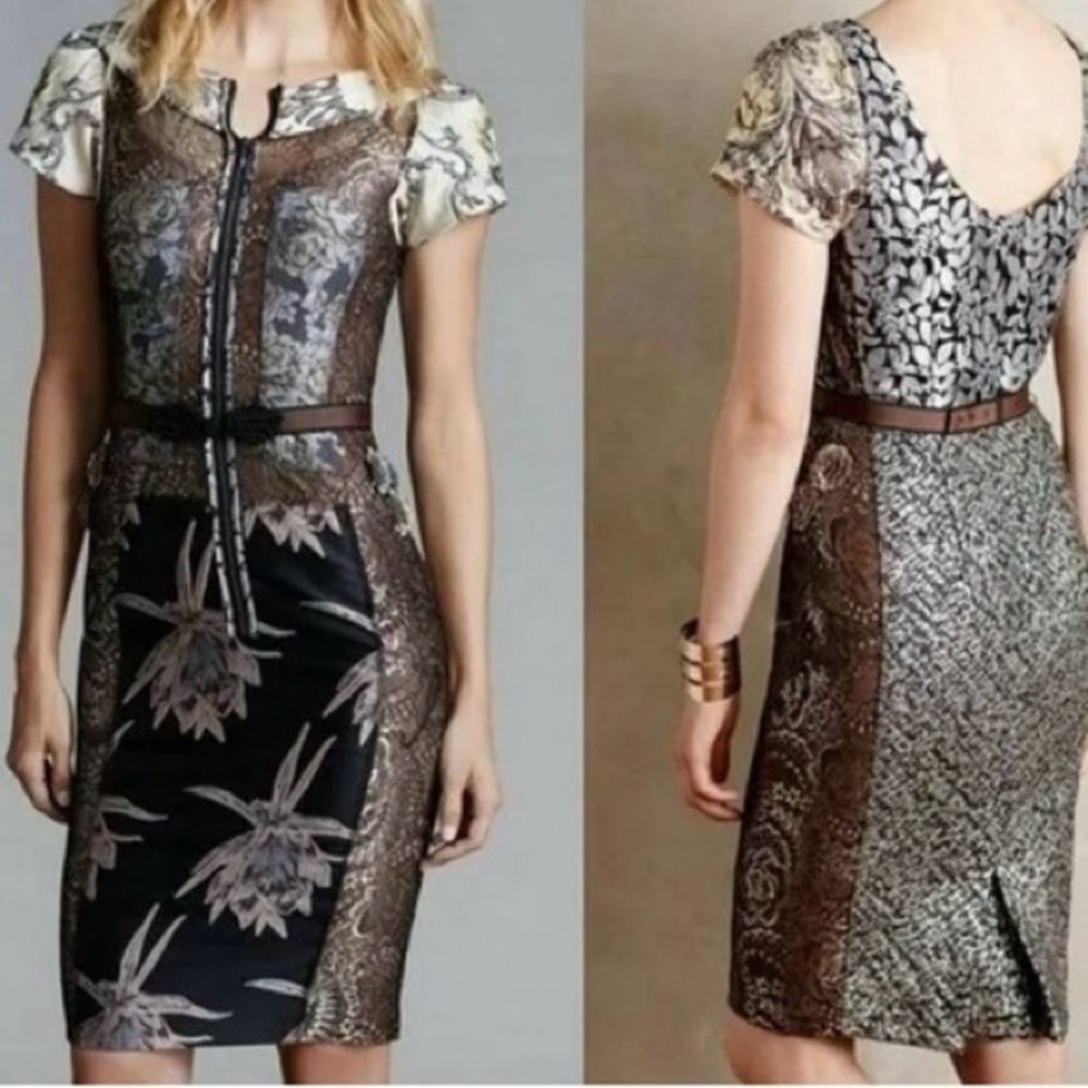 Byron Lars Brown and Cream Floral Short Sleeve Dress